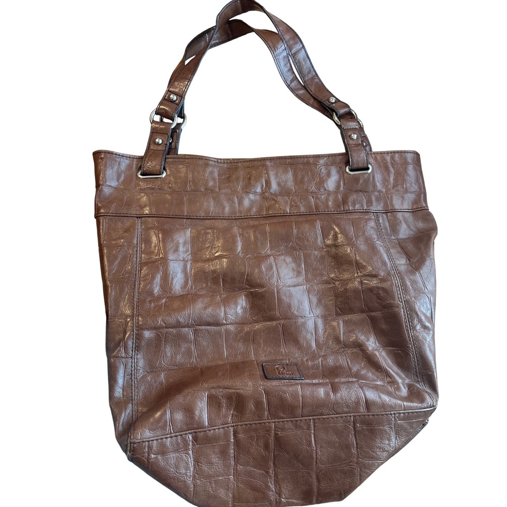 Plum Brown Croc Embossed Faux Leather Tote Bag Lg Shoulder Bag Silver Hardware